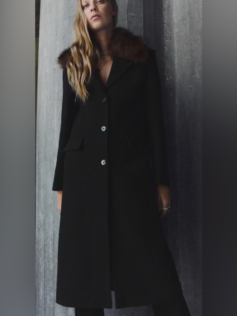 MANGO Black Wool Coat with Brown Fur Collar - Picture 2 of 11
